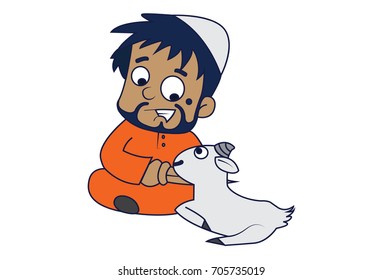 A Muslim Man sitting with the goat. Vector Illustration. Isolated on white background.