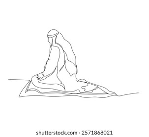 Muslim man sitting on a carpet and praying one line art. Continuous line drawing of online Muslims, Islam, traditions, clothing, folk, oriental.