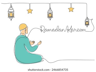Muslim man sitting and praying with hanging lanterns and stars in one single continuous line drawing style isolated on white background. Ramadan kareem concept vector illustration.