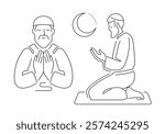 Muslim man sitting praying on prayer mat. Islam symbol in linear style