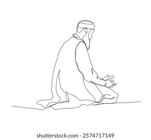 Muslim man sitting and praying one line art. Continuous line drawing of online Muslims, Islam, traditions, clothing, folk, oriental.