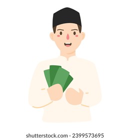 muslim man smiling happy while holding paper money