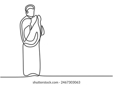 Muslimische Männer stehen und beten in einer durchgehenden Single Line Art Zeichenstil isoliert auf weißem Hintergrund. In: Islamic Concept Vektorillustration.