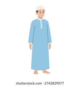 Muslim man standing in blue koko shirt and white skullcap flat vector