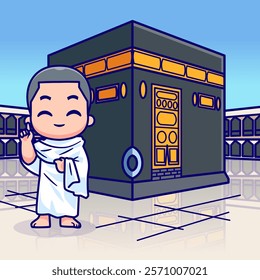 Muslim Man Standing in Front of Kaaba Cartoon Vector 
Illustration. Islamic Worship and Spirituality Concept Isolated 
Premium Vector. Flat Cartoon Style 