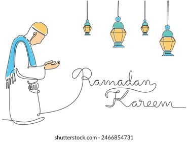 Muslim man standing and praying with hanging lanterns and ramadan kareem calligraphy in one single continuous line drawing style isolated on white background. Ramadan kareem concept vector.