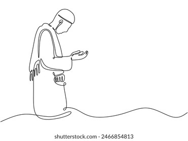 Muslim man standing and praying in one single continuous line drawing style isolated on white background. Ramadan kareem concept vector illustration.