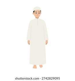 Muslim man standing smiling in modest white koko clothing flat vector