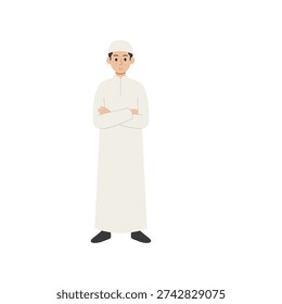 Muslim man standing in white koko shirt and black pants flat vector