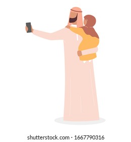 Muslim man taking selfie with her daughter. Arabic character taking photo of himselves with family. Isolated vector illustration