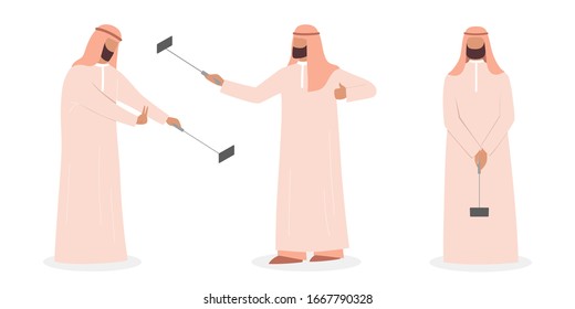 Muslimischer Mann, der sich selfie Set. Arabischer Charakter, der sich mit Freunden und Familie fotografiert. Vektorillustration einzeln