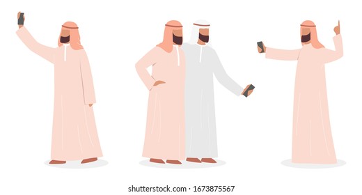 Muslim man taking selfie set. Arabic character taking photo of himselves and with friends. Isolated vector illustration