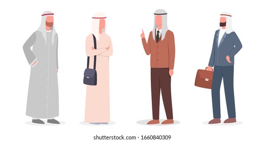 Muslim man talk to each other. Arabian business man wearing traditional clothes. Arabian man in different suit and traditional clothes. Man wearing headscarf. Islam religion. Vector illustration