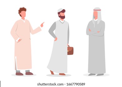 Muslim man talk to each other. Arabian business man wearing traditional clothes. Arabian man in different suit and traditional clothes. Man wearing headscarf. Islam religion. Vector illustration