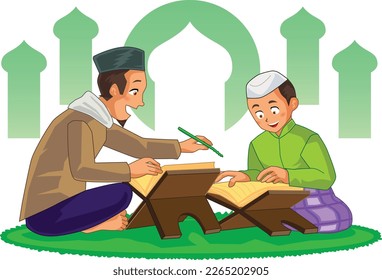 A muslim man teach a muslim boy how to read Quran. Suitable to use as Social Media Content, Greeting Cards, UI, Landing Page, Mobile Apps, Cover Illustration, Poster and Website. Vector Illustration
