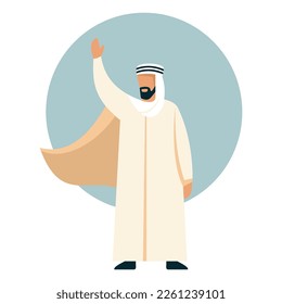 Muslim man in traditional dress raised his hand in greeting flat vector illustration