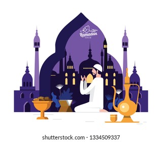 Muslim man in traditional outfit reading Namaaz, islamic prayer in front of islamic mosque Background for holy month of prayer, Ramadan Kareem arabic calligraphy.. flat design element. Vector 