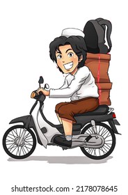 Muslim man travel back to hometown parents village with motorcycle to celebrate Eid fitr holiday vector illustration