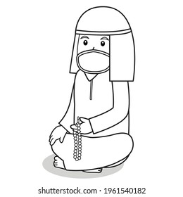 Muslim Man use white dress traditional muslim. holding tasbih and praying in ramadan month, using mask and healthy protocol.Vector character illustration.