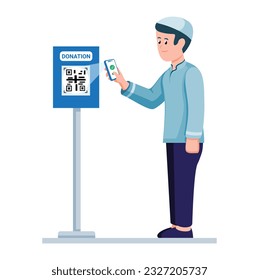 Muslim man Using E-Payment QR Code To Donate Symbol Cartoon illustration Vector