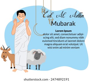 muslim man using ihram clothes raising two hand for praying with illustration of goat and sheep sacrified