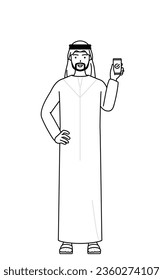 Muslim Man using a smartphone at work, Vector Illustration