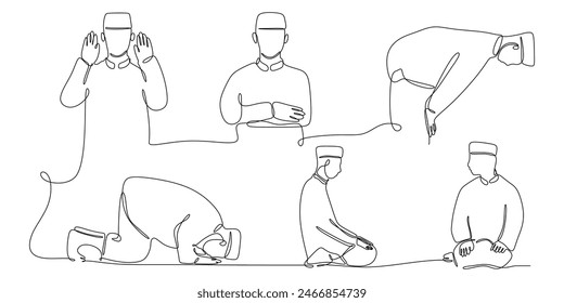 Muslim man in various prayer movement in one single continuous line drawing style isolated on white background. Muslim ritual concept vector illustration.