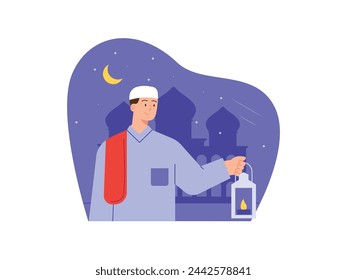 Hombre musulmán caminando con una linterna a la mezquita por la noche. Diseño de personajes. Ilustración plana del vector