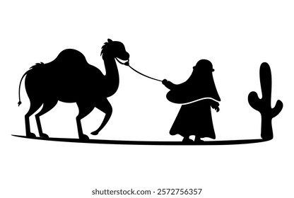 A Muslim man walks leading a camel