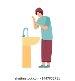 Muslim Man Washing Hands Preparing Wudhu For Prayer In Mosque Vector Illustration