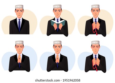 Muslim Man Wearing a black suit and taqiyah, araqchin hat  Reading Quran, Praying with pearl Premium Vector.