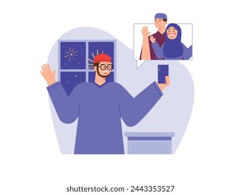 Muslim man wearing glasses video call with family from home. Character design. Vector flat illustration