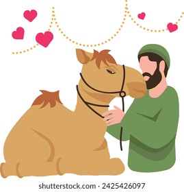 Muslim Man wearing green cap and Holding Camel Rope Concept, Qurban Islamic ritual sacrifice vector Design, Eid al-Azha or Eid ul Kabir Symbol, Hajj Sign, Muslims religious Festival Stock illustration
