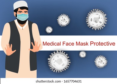 Muslim Man wearing Medical face mask protection  Coronavirus Cell vector Covid-19 Coronavirus Pandemic concept