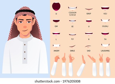 Muslim Man wearing white cloth  Mouth Animation Pack with Lip Syncing Set.  Flat Vector Illustration.