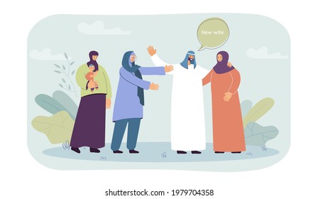 Muslim man welcoming new wife into his family. Flat vector illustration. Polygamous marriage, two women meeting new chosen one of their husband. Polygamy, marriage, family, patriarchy concept