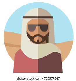 A Muslim man in a white cloak and dark sunglasses. Vector illustration.