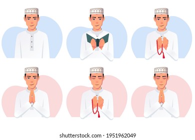 Muslim Man  White Thobe Dress, wearing taqiyah hat Reading Quran, Praying with pearls, smiling Vector illustration.