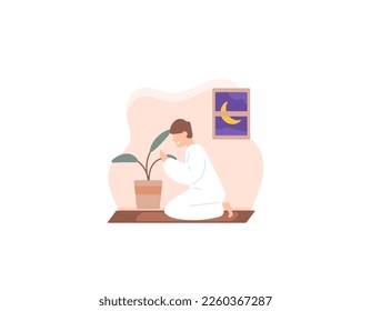 a Muslim man who is sitting and praying. pray after worship. character illustration concept design. vector elements