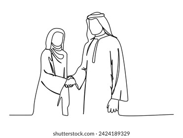 Muslim man and woman in arabian clothes. One line drawing vector illustration.