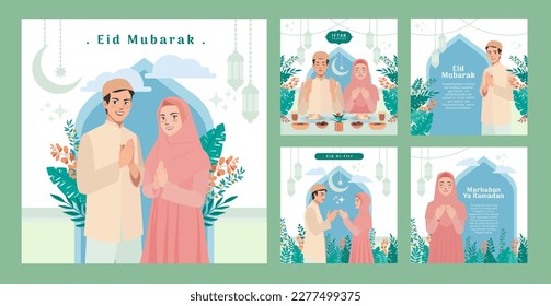 Muslim man woman character greetings for Ramadan and eid in soft pastel colors by imity studio imityworks