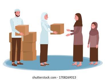 a Muslim man and woman distributing boxes containing donations for another Muslim woman.