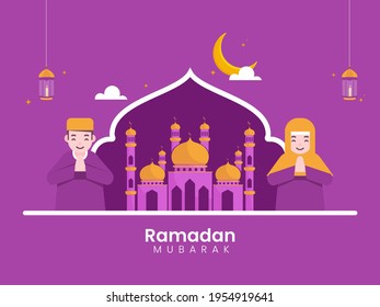 Muslim Man And Woman Doing Namaste With Mosque Illustration, Crescent Moon, Lit Lanterns Hang On Purple Background For Ramadan Mubarak Concept.
