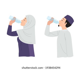 Muslim man and woman drink water from plastic bottlea. Stay hydrated during Ramadan month. Flat vector design