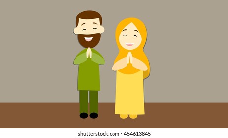 muslim man and woman greeting salam happily with their smiling face