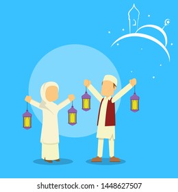 muslim man and woman holding latern vector illustration