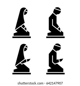 Muslim man and woman making a supplication while sitting on a praying rug. Silhouette icons includes 4 versions islamic prayer in different poses. Vector illustration.