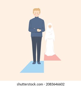 Muslim man and woman pray salat in jamaah