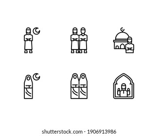 Muslim man and muslim woman prayer icon set