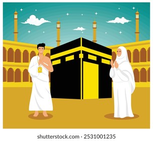 Muslim man and woman praying in front of Kaaba. flat vector modern illustration 